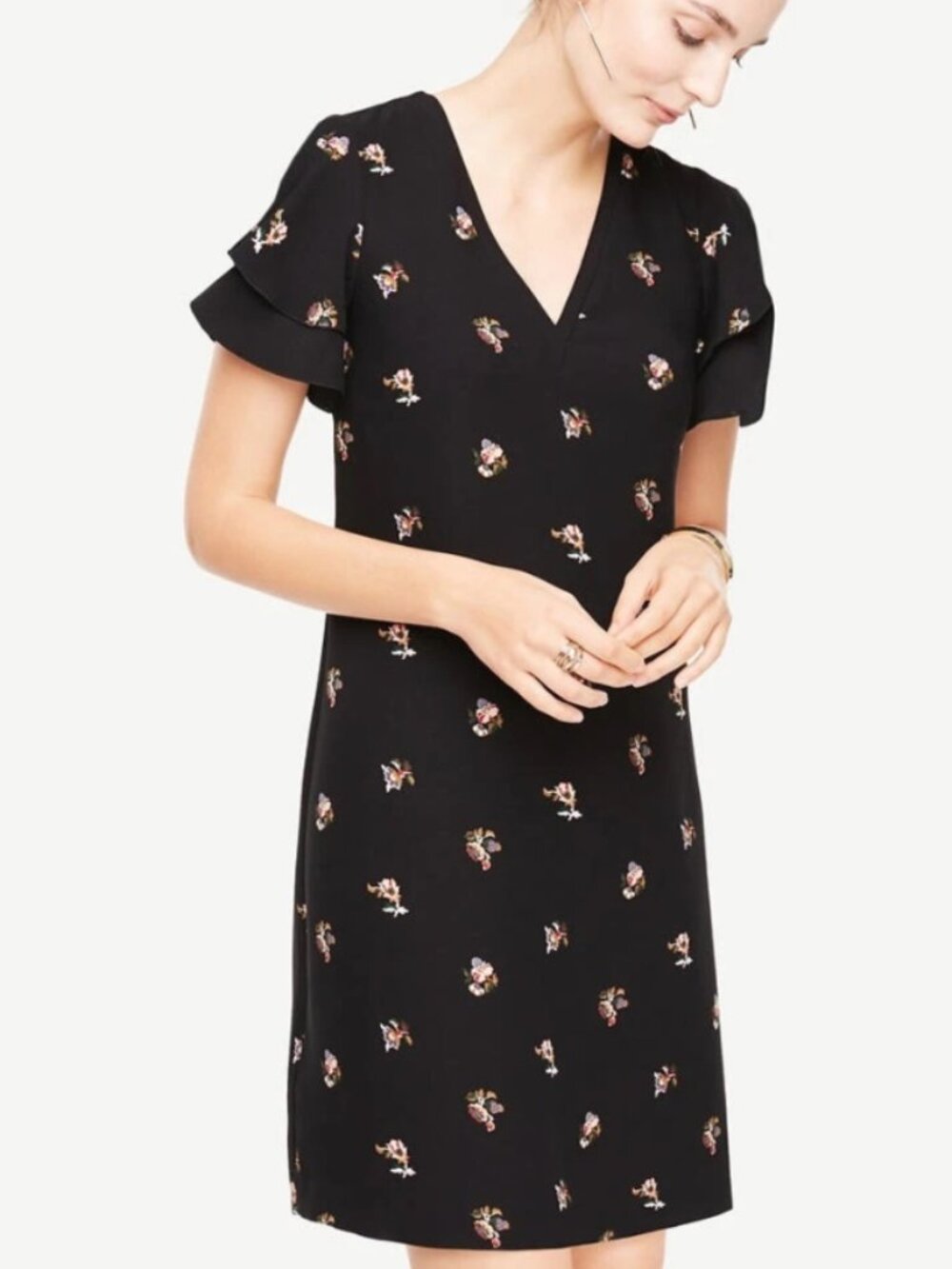Ann Taylor Loft | Floral Double Ruffle Sleeve Shift Dress | Size 14